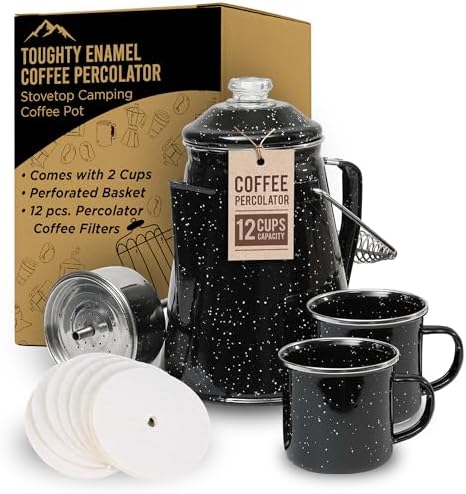Toughty Enamel Coffee Percolator with 2 Cups - Stovetop Camping Coffee Maker for Open Fire, Grill or Gas Stove - Durable Old-Fashioned Cowboy-Style Metal Pot - 12-cup Classic Design - Black