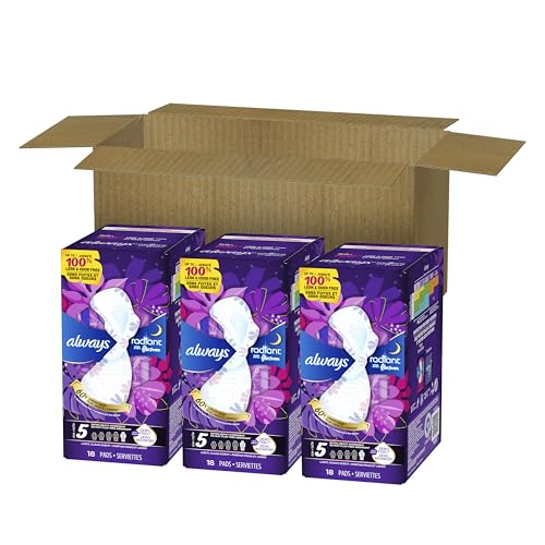 Always Radiant Feminine Pads for Women, Flexfoam Pads with Wings, Size 5, Extra Heavy Overnight Absorbency, Lightly Scented, 54 Count (Packaging May Vary)