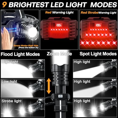 LED Rechargeable Headlamp, Head Lamp Super Bright with 9 Modes & IPX6 Waterproof Zoomable Head Lights for Forehead, 90° Adjustable Headlamps for Camping Hiking Hunting Fishing Car Repair