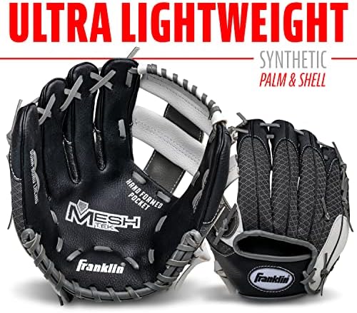 Franklin Sports Kids Baseball Glove + Ball Sets - Meshtek Youth Teeball Gloves for Kids + Toddlers - Left + Right Hand Throw Mitts + Glove Sets with Foam Balls - Boys + Girls Gloves - 9.5" Inch