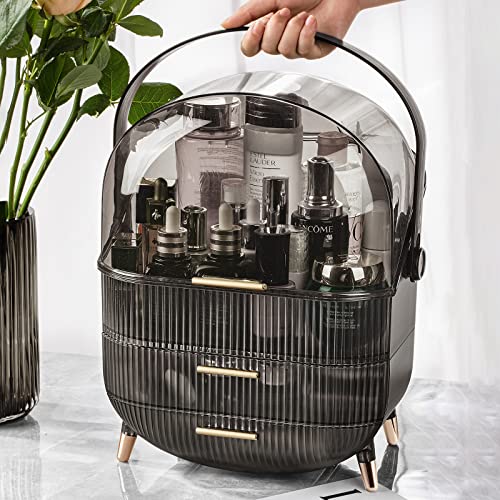 CANITORON Makeup Organizer,Large Capacity Skincare Organizer for Vanity,Cosmetic Organizer with 2 Drawers and Makeup Brush Holder for Bedroom Countertop and Bathroom Countertop Storage.(Gray)