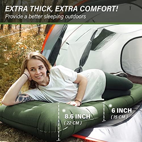 TOBTOS Inflatable Camping Sleeping Pad with Pillow, Thick 6 Inch Ultralight Sleeping Pad with Built-in Pump, Lightweight Sleeping Mat for Camping, Backpacking, Hiking, Tent (Green)