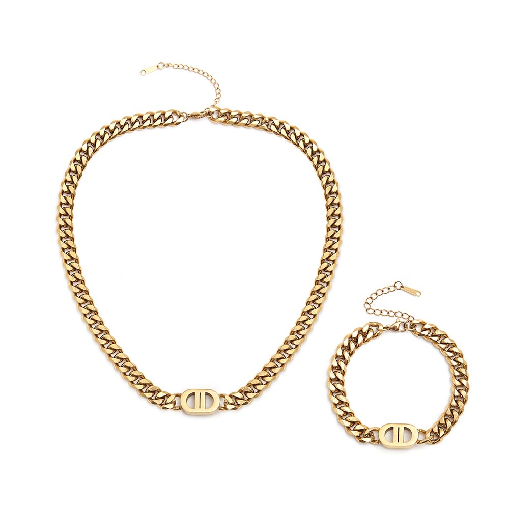 Plerjom Gold Jewelry Set for Women,Classic 18K Gold Ladies' Letter Necklace and Bracelets,Elegant Cuban Chain,Women Valentine Anniversary Birthday Friendship Gift (Fashion)