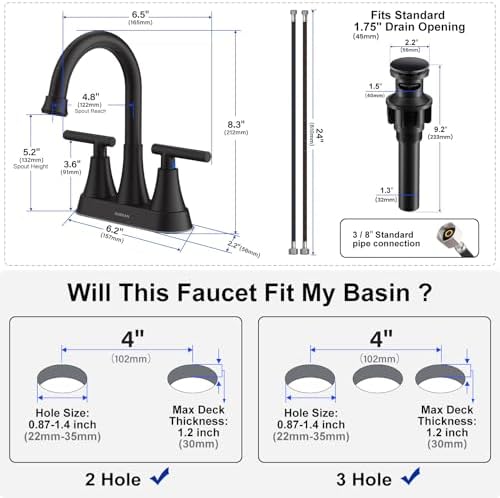 Bathroom Faucets for Sink 3 Hole, Hurran 4 inch Matte Black Bathroom Sink Faucet with Pop-up Drain and 2 Supply Hoses, Stainless Steel Lead-Free Centerset Faucet for Vanity RV, 2 Pack