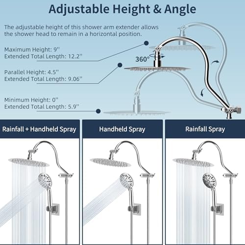 Hibbent All Metal Shower Head, 10'' High Pressure Rainfall Shower Head/Handheld Showerhead Combo with 12'' Adjustable Curved Shower Extension Arm, 7-Spray, 71'' Shower Hose, Shower Head Holder, Chrome