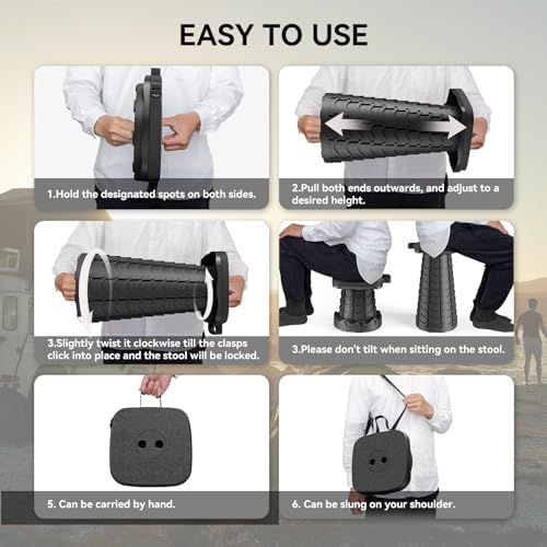 2025 Upgraded Portable Folding Stool, Collapsible Stool, Telescoping Camping Stool with Max Load Capacity 485lbs, Square Retractable Seat for Camping Gardening Fishing Hiking BBQ[Black]