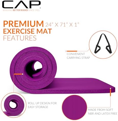 CAP Barbell 1-Inch High Density Exercise Yoga Mat with Strap | Multiple Colors