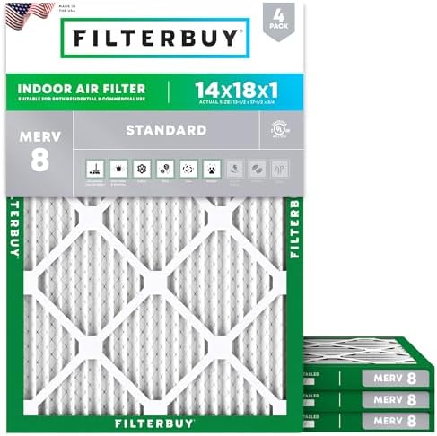Filterbuy 14x18x1 Air Filter MERV 8 Dust Defense (4-Pack), Pleated HVAC AC Furnace Air Filters Replacement (Actual Size: 13.50 x 17.50 x 0.75 Inches)