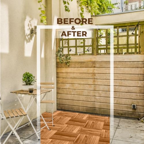 Pack of 10 Deck Tiles - 12"x12" Interlocking Natural Solid Acacia Wood for Outdoor & Indoor, Patio Garden, Balcony, Poolside - Teak Color