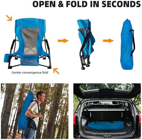 Outdoor Beach Chair for Adults Set of 2 PCS Portable Lightweight Low Back Sling Chair with Cup Holder, 300lbs Capacity Camping Chair for Patio, Lawn, Concert, Travel (Light Blue)