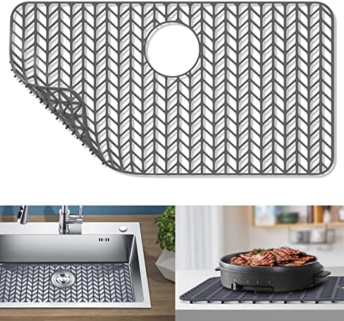 AWOKE Sink Protectors for Kitchen Sink, Kitchen Sink Protector Mat - 28.4"x15.2" Heat-Resistant Silicone Folding Non-Slip Mat for Stainless Steel Sink with Rear Drain (Grey)