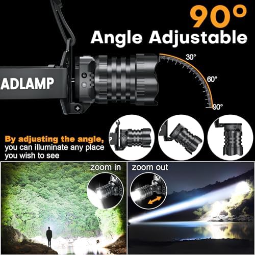 LED Rechargeable Headlamp, Head Lamp Super Bright with 9 Modes & IPX6 Waterproof Zoomable Head Lights for Forehead, 90° Adjustable Headlamps for Camping Hiking Hunting Fishing Car Repair