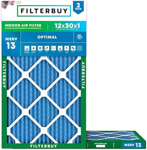 Filterbuy 12x30x1 Air Filter MERV 13 Optimal Defense (2-Pack), Pleated HVAC AC Furnace Air Filters Replacement (Actual Size: 11.88 x 29.88 x 0.75 Inches)