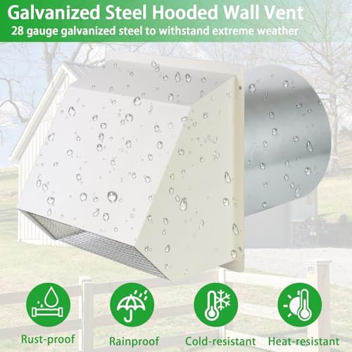 8 Inch Hooded Wall Vent with Screen and Damper,Outdoor Wall Exhaust Vent Cover Wall Cap for Exterior Kitchen Range Hood Ventilation Dryer HVAC Duct Air Exhaust, Galvanized Steel, White