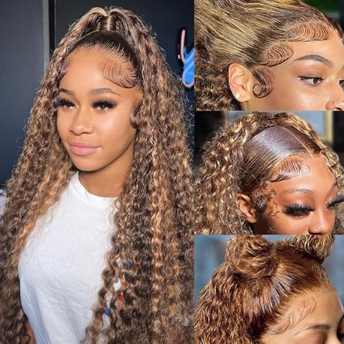 Aimking 13x6 Highlight Ombre Lace Front Wig Human Hair Wigs For Women 180% Density 4/27 HD Deep Wave Lace Frontal Wigs Curly Honey Blonde Wig Human Hair Pre Plucked With Baby Hair Colored (26 Inch)