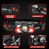 Headlamp Rechargeable 6Pack, 3000 Lumen Ultra-Light Bright Rechargeable Headlamp Flashlight with White Red Light, LED Headlight Motion Sensor, 5+5 Mode for Outdoor Camping Fishing Running Hiking