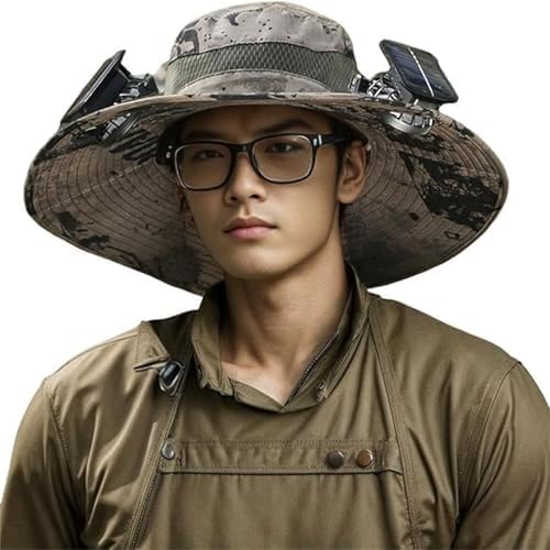 Wide Brim Solar Fan Hat Outdoor Fishing Hat with Fan Built in Sombrero para el Sol Hombre Waterproof Removable Outdoor Solar Fan Hats for Men Solar & USB Charging (US, Alpha, One Size, Color A)