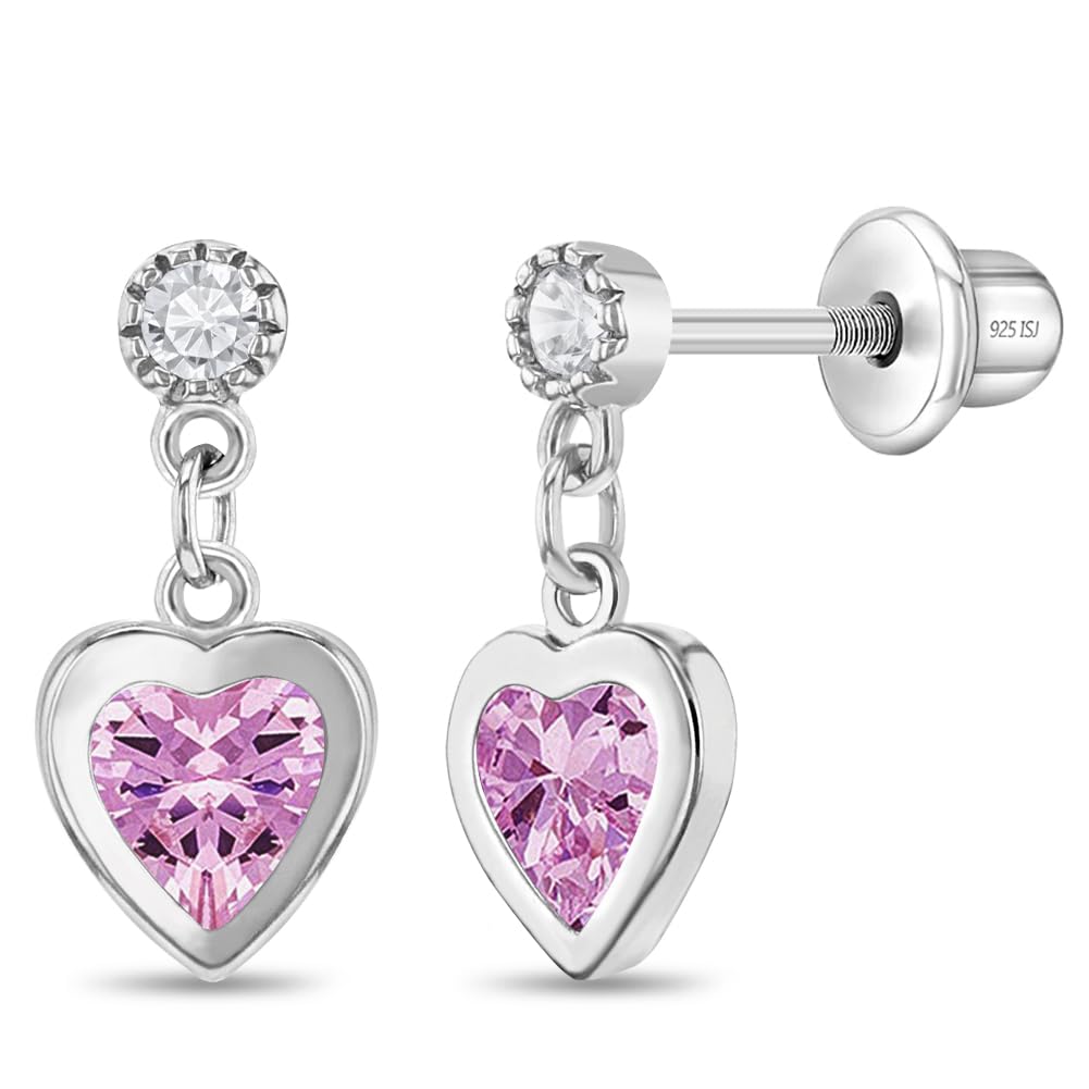 In Season Jewelry CZ Dangle Heart Kids Earrings - 925 Sterling Silver Hypoallergenic Earrings for Girls with Secure Screw Backs - Safe & Comfortable for Toddlers, Kids & Little Girls, Pink