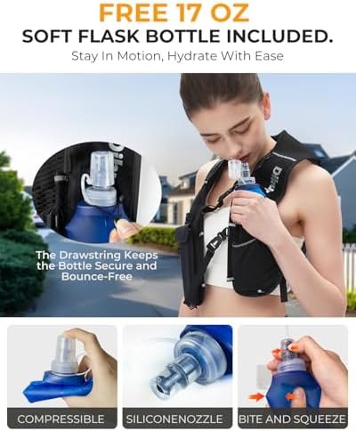 Running Vest for Women Men, Lightweight Hydration Runner Vest with Transparent Waterproof Phone Pocket, 17oz Soft Flask, Adjustable Chest Straps Reflective Backpack for Hiking Cycling Jogging