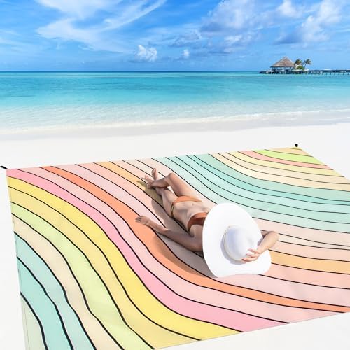 Beach Blanket Waterproof Sandproof, 9 Ft X 10 Ft Extra Large Sand Free Beach Mat, Big Compact Lightweight Quick Drying Picnic Blanket with 4 Stakes & Pockets for Camping, Travel, Hiking