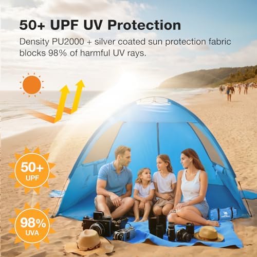 CAMEL CROWN Beach Tent UPF 50+ Sun Shelter for 2/3/5/6 Person, Lightweight Portable Sun Shade with Sand Anchor, Family Beach Day & Outdoor Adventures