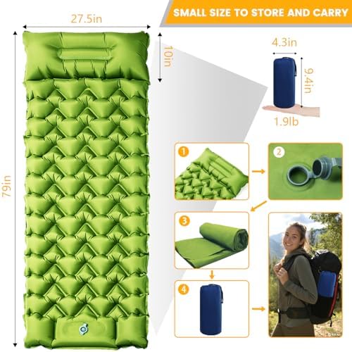 Camping Sleeping Pad, 4in Thick Ultralight Inflatable Camping Mat with Pillow, Built-in Foot Pump Sleeping Mat, Wide Compact Camping Pad for Travel Tent Hiking Backpacking Trip Car Camp Gear