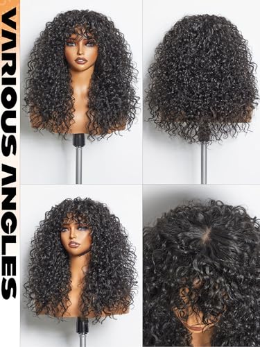 GORGIUS Glueless Curly Wig with Bangs Natural Black Synthetic Curtain Bang with Realistic Scalp Put On and Go 20 Inch