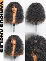 GORGIUS Glueless Curly Wig with Bangs Natural Black Synthetic Curtain Bang with Realistic Scalp Put On and Go 20 Inch
