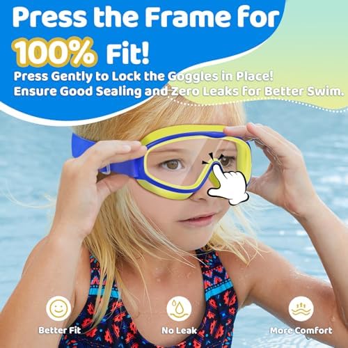 Vvinca Kids Goggles with Comfort Fabric Strap, Kids Swim Goggles Wide View Anti-Fog/UV No Leaking Swimming Goggles for 3-14