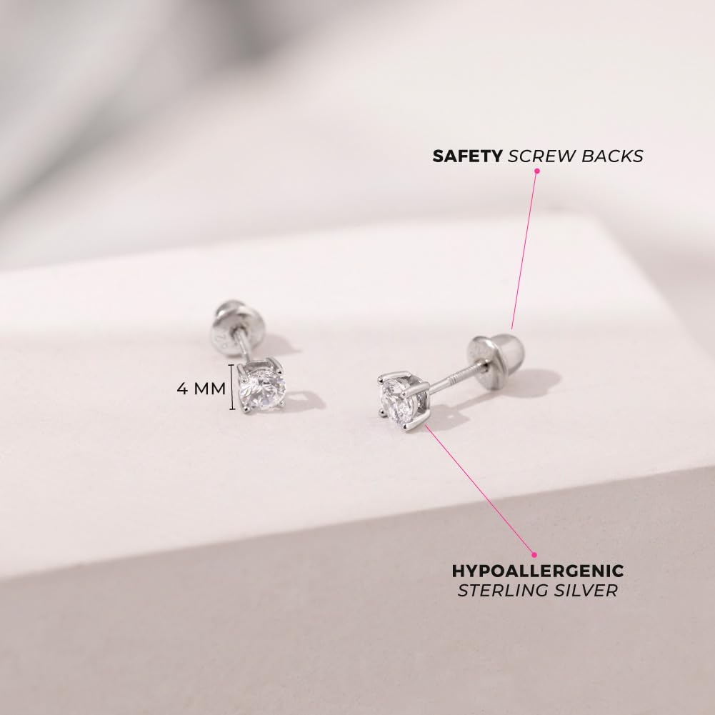 In Season Jewelry CZ Solitaire Kids Earrings – 925 Sterling Silver - Clear