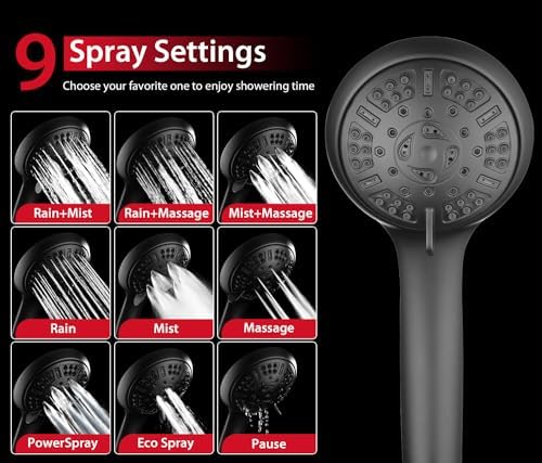 GRICH 2.5GPM Shower Heads with Handheld Spray Combo: High Pressure Rain Shower Heads with Built-in Power Wash, 9 Mode Adjustable Dual Rainfall Showerhead with Anti-Clog Nozzles and Hose, Black