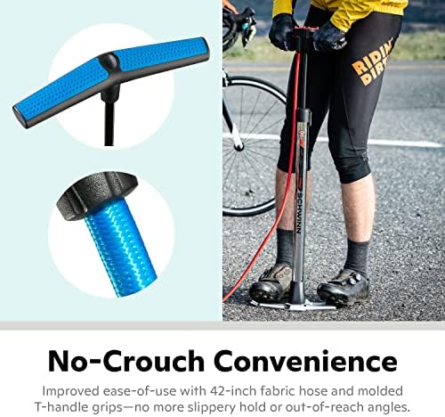 Schwinn Basic and Air Center Floor Bike Pump, Up to 120 Max PSI, Dual Head Fits Schrader and Presta Valve Types, Easy-to-Carry Portable and Convenient Design, Bicycle Essentials for Easy Road Riding