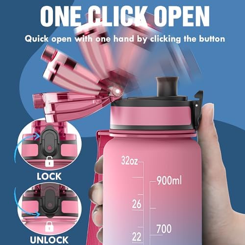 OLDLEY Water Bottle, 32oz Motivational Sports Water Bottle with Time Marker - Times to Drink - Tritan, BPA Free, Wide Mouth Leakproof, Balloon (1 Bottle)