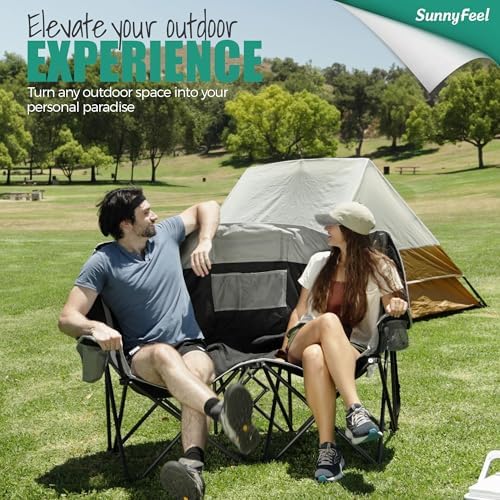SunnyFeel Folding Double Camping Chair, Oversized Loveseat Chair, Heavy Duty Portable/Foldable Lawn Chair with Storage/Cooler for Outside/Outdoor/Travel/Picnic, Fold Up Camp Chairs for Adults 2 People