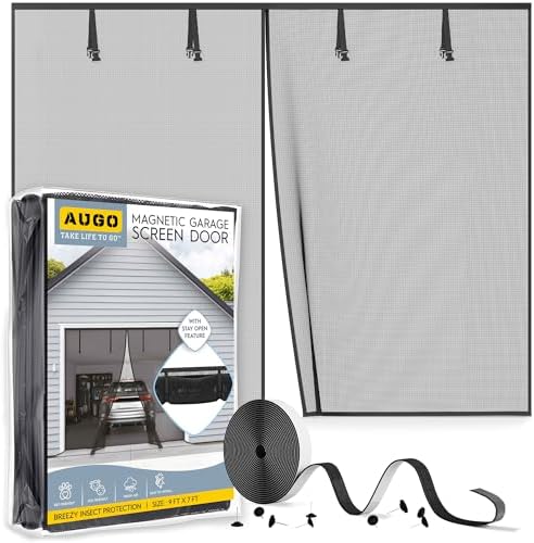 AUGO Garage Door Screen Magnetic Closure - Garage Screen Doors for 1 Car Garage Pull Down - Magnetic Screen Door Mesh - Heavy Duty Weighted Bottom - Pet & Kid Friendly - Keep Open Feature - 9' x 7'