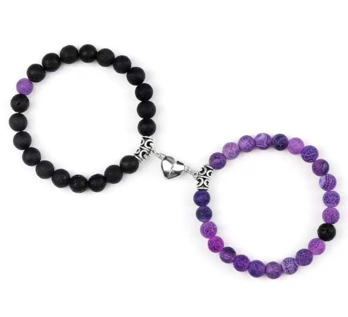 Jexiva Set Of 2 Matching Couple Bracelets Magnetic Heart - Stone Beads, Stretch, Unisex Anniversary, Express Love, Valentine, Long Distance, Christmas Gift (Lava+Purple Weathered, Without Giftbox)
