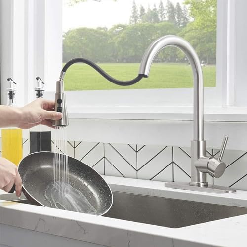 Kitchen Faucets with Pull Down Sprayer, Brushed Nickel High Arc RV Laundry Bar Commercial Sink Faucet, 1 or 3 Hole Stainless Steel Single Handle Faucets for Kitchen Sink with Deck Plate