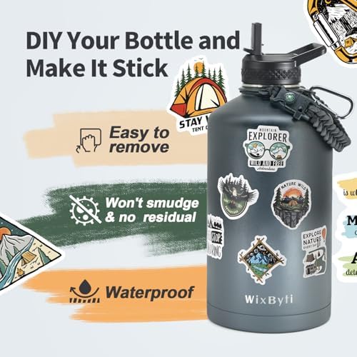 One Gallon Water Bottle Insulated with DIY Stickers, Triple Wall Vacuum Cold for 48 Hrs Leak-proof Non-BPA, 128oz Large Sports Stainless Steel Water Jug with Paracord Handle Straw Spout Lids