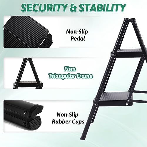 2 Step Ladder Folding Step Stool, Heavy Duty 330 Lbs Load Stepladder, Small Kitchen/Closet Ladder for Adults/Kids, Lightweight Step Ladder 2 Step Folding with Anti-Slip Wide Pedal for Home by OOSOFITT