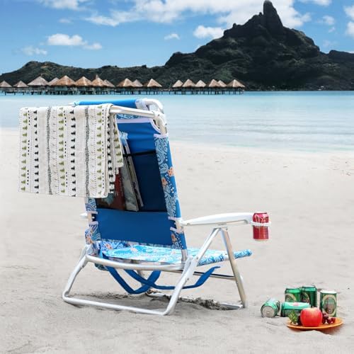 Reclining Beach Chair Backpack 5-Position Lay Flat Lounge Chair for Adults Heavy Duty Portable Folding Lightweight with Cooler Bag Camping Chair for Sand Outdoor