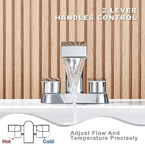 Ultimate Unicorn waterfall faucet chrome for bathroom sink, wide mouth spout with two handles waterfall, sink vanity faucet, single hole or 3 basin lavatory mode (DJS-MP-SB-PB-C)