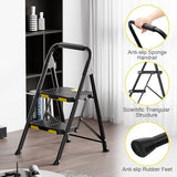 KINGRACK 2 Step Ladder, Sturdy Steel Step Stool with Safe-Lock Design, Handrail, Anti-Slip Wide Pedals, Pass 800lbs Load Testing, Folding Portable Ladder for Multi-Purpose, Home, Kitchen, Black