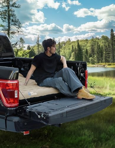JOYTUTUS Truck Bed Air Mattress for 6.4-6.7Ft Full Size Regular Truck Beds Inflatable Air Mattress for Outdoor Camping,Pickup Tent Accessories with Pump,Cup Holder&2 Pillow(Smooth Edge)