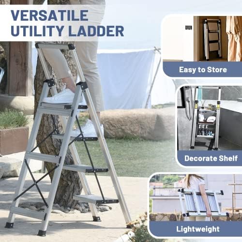 XinSunho 4 Step Ladder, Retractable Handgrip Folding Step Stool with Anti-Slip Wide Pedal, Aluminum Stool Ladders 4 Steps, 330lbs Safety Household Ladder