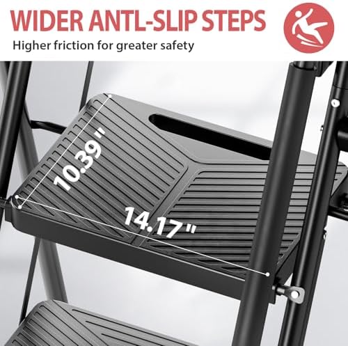 KINGRACK Folding 5 Step Ladder, Portable Ladder for Multi-Purpose, Home, Kitchen, Heavy Sturdy Steel Step Stool with Anti-Slip Wide Pedals, Handrail, Safe-Lock Design, Pass 500lbs Load Testing, Black