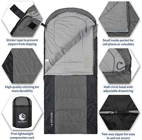VENTURE 4TH Backpacking Sleeping Bag – XXL, Double and Single Sizes - Lightweight Warm & Cold Weather Sleeping Bags for Adults, Kids & Couples – Ideal for Hiking, Camping & Outdoor Adventures