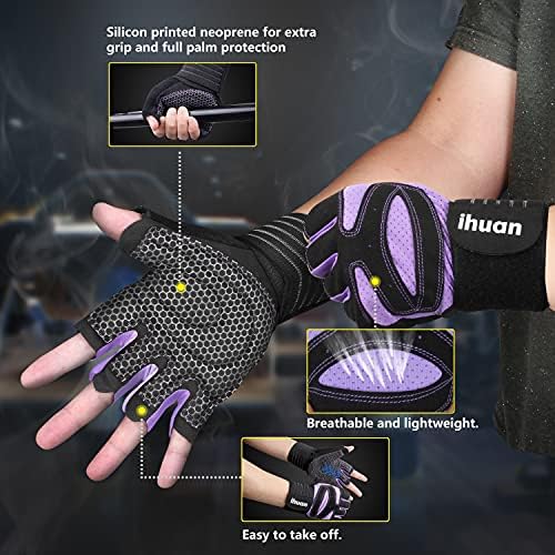 ihuan Ventilated Weight Lifting Gym Workout Gloves with Wrist Wrap Support for Men & Women, Full Palm Protection, for Weightlifting, Training, Fitness, Hanging, Pull ups