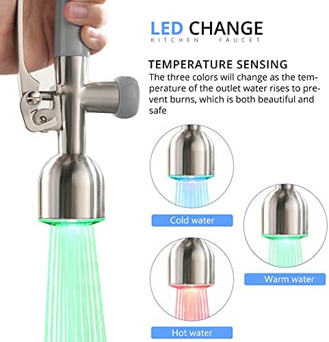 Fapully Commercial Single Handle Pull Down Sprayer Brushed Nickel Kitchen Faucet, Kitchen Sink Faucet with LED Light