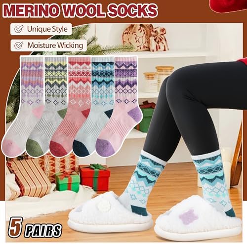 EBMORE Womens Merino Wool Hiking Socks Thermal Warm Winter Crew Cushion Work Boot Outdoor Socks 5 Pairs