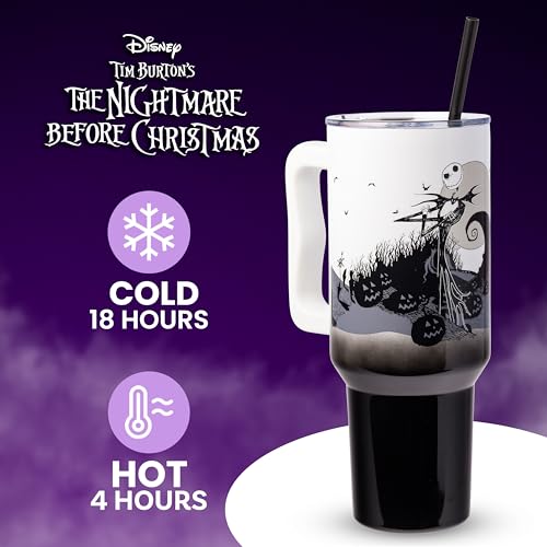 Silver Buffalo Disney Nightmare Before Christmas by Tim Burton Jack Skellington Hill and Moon Stainless Steel Tumbler with Handle and Straw, Fits in Standard Cup Holder, 40 Ounces